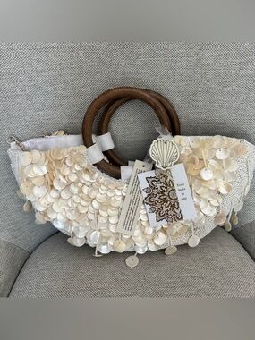 Made in India Shell-Embellished White Crescent Handbag with Wooden Handles